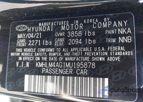 2021 Hyundai Elantra Sel из США, поврежденный, VIN KMHLM4AG1MU195878